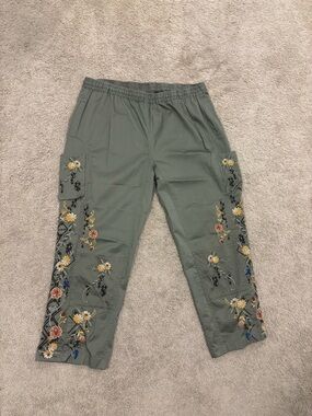 Johnny Was Olive Green Embroidered Cargo Pants